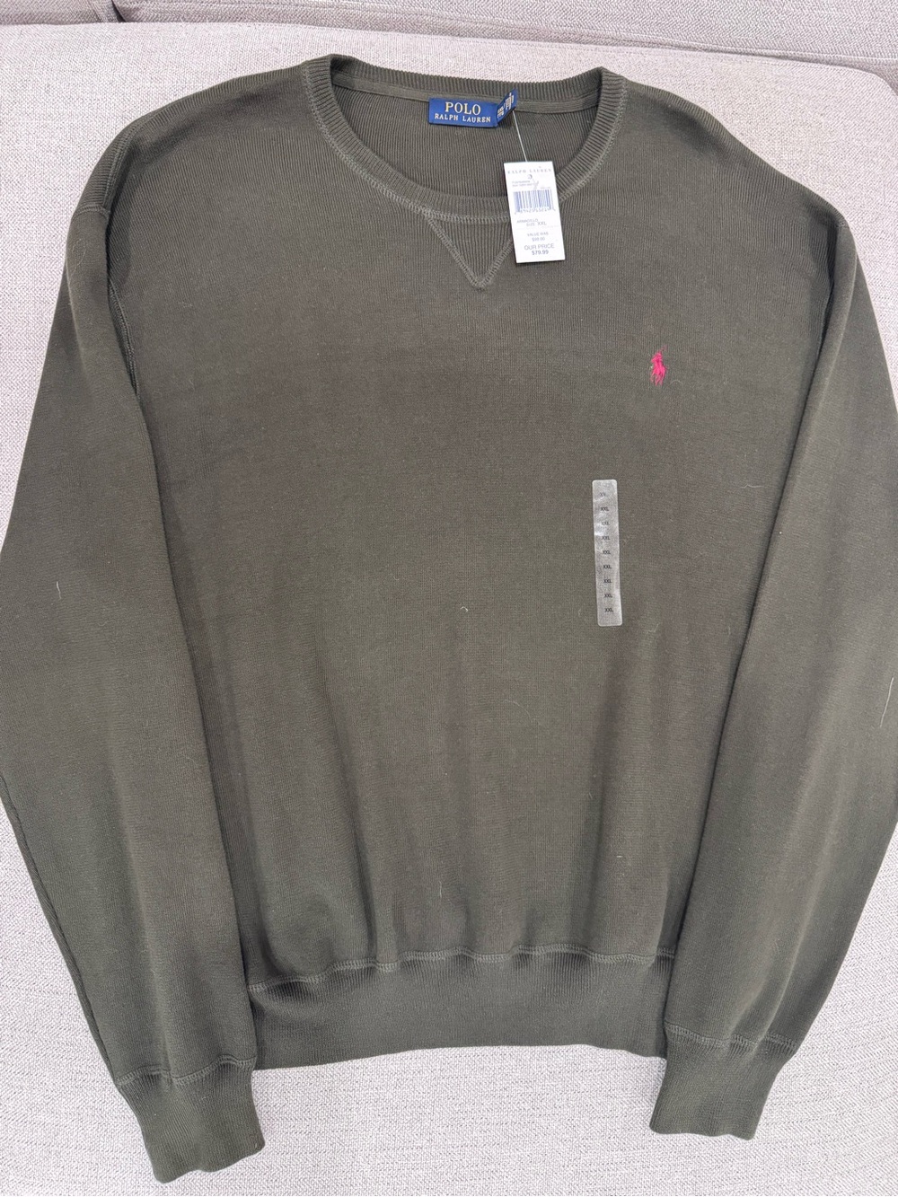 NWT Ralph Lauren Olive Green Crewneck Sweater with Pink Pony